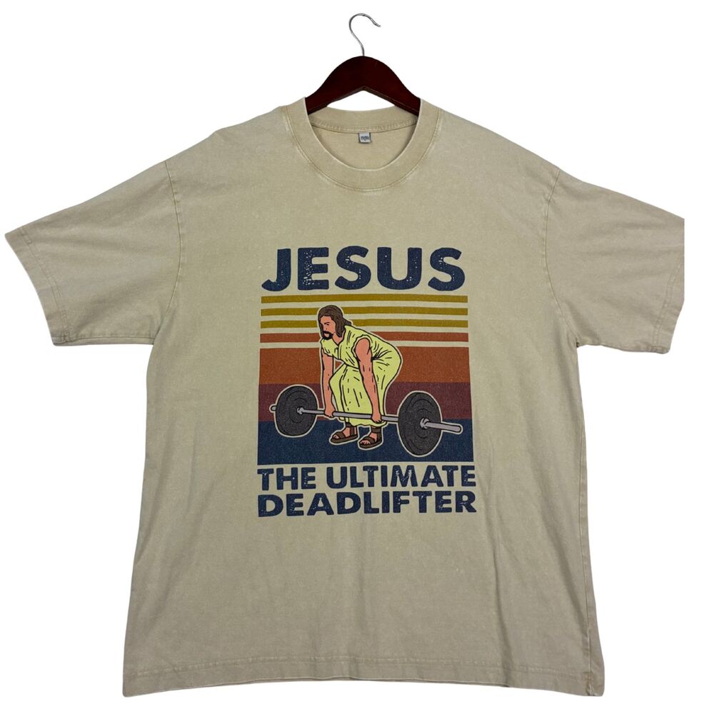 Jesus Ultimate Deadlifter T Shirt Mens L Beige Weightlifting Gym Christian Tee